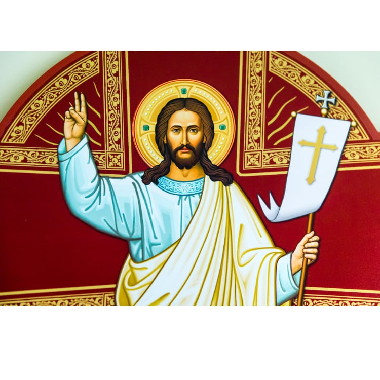 Painting of Jesus holding flag with Gold Cross