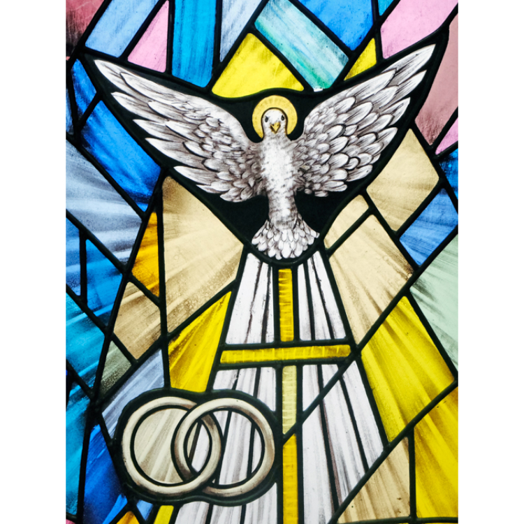 Stained Glass dove and rings representing Marriage